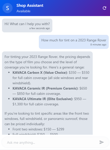 Shop Assistant conversation - pricing breakdown