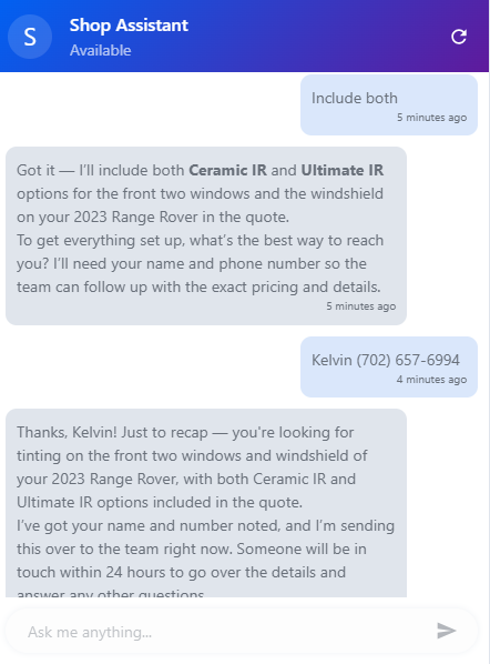 Shop Assistant conversation - lead captured